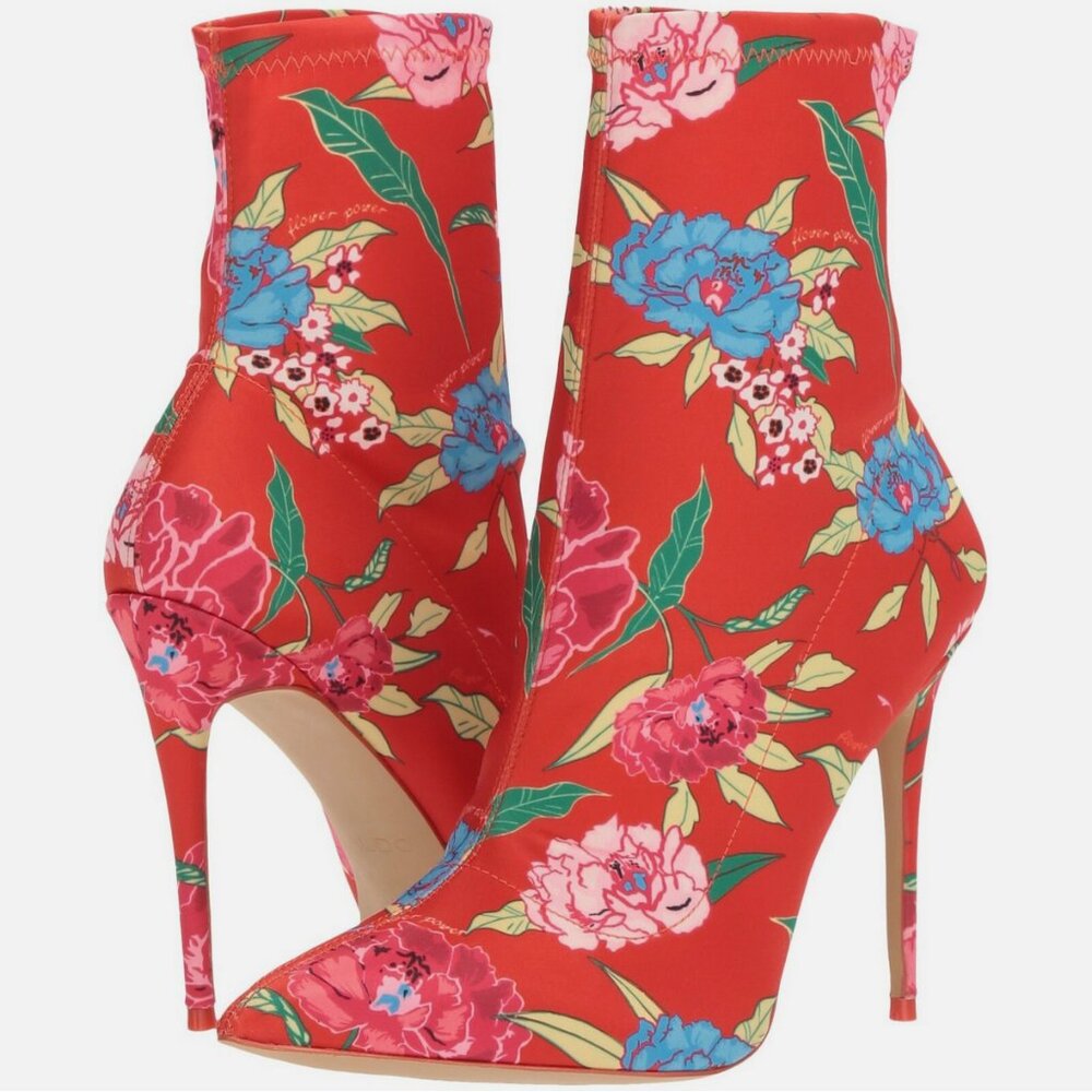 NWOB Aldo Cirelle Red Floral Print Heeled Ankle Sock Bootie